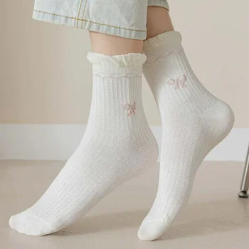 1 пара простых белых носков, универсальные женские носки средней длины с милым бантиком, тонкие хлопчатобумажные носки в студенческом стиле для милых девочек