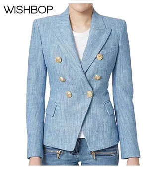 2018 Новый женский Небесно-голубой приталенный блейзер/куртка с двубортным принтом и карманами - Весенне-осенний модный костюм в европейском стиле, горячая распродажа