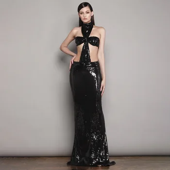 2023 Новое летнее женское платье черного цвета, сверкающее блестками С открытыми плечами, сексуальное облегающее длинное платье для празднования Красной ковровой дорожки