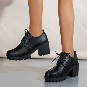 2023 Новые Женские туфли-лодочки на толстом высоком каблуке, Обувь на платформе, Женская Повседневная Женская обувь на шнуровке, Оксфорды, Весенние Черные Туфли Zapatos de mujer