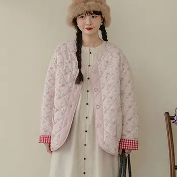 2023 осень и зима Новый свободный-Fit цветочный тонкий двусторонний хлопок женщина, куртки 