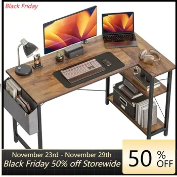 40-дюймовый маленький компьютерный стол L-образной формы с полками для хранения, угловой стол для домашнего офиса, письменный стол для учебы, темно-коричневый