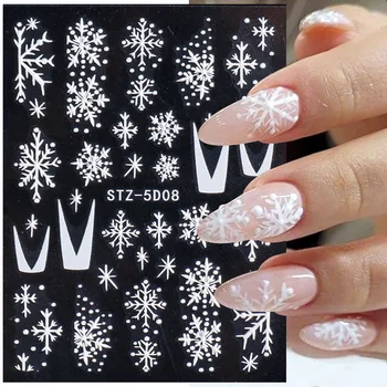 5D Наклейки для ногтей в виде белой снежинки, Рождественское украшение, новогодний слайдер с милым лосем для маникюра, вязание свитера, наклейка для ногтей с тиснением