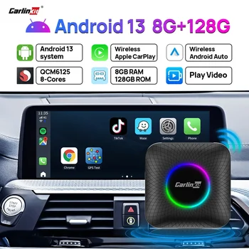 CarlinKit CarPlay Ai TV Box Android 13 QCM6125 Беспроводной Android Auto CarPlay 8 + 128 ГБ FOTA Upgrade SIM и WiFi Автомобильный Мультимедийный Плеер