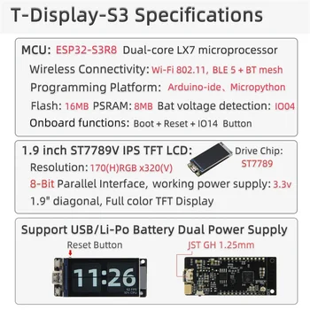 ESP32-S3R8 T-Display-S3 Плата разработки 1,9-дюймовый ЖК-дисплей WIFI Bluetooth5.0 170x320 Беспроводной модуль