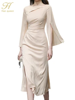 H Han Queen 2023 Новые Летние платья Женские Элегантные Офисные платья с разрезом в стиле ретро, Модное повседневное платье Миди для вечеринок
