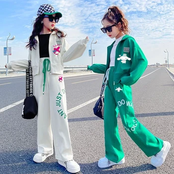 Sanrioed Аниме Kuromi Melody Y2K Повседневная одежда Cinnamoroll Pochacco Пальто для мальчиков и девочек, топы, брюки, костюм из 2 предметов, детская спортивная одежда в подарок