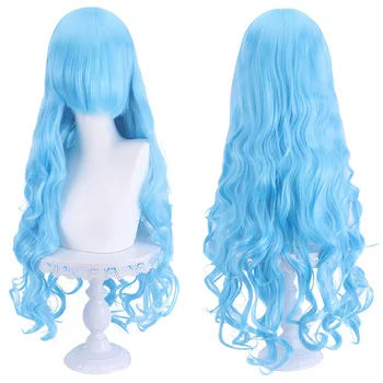 Аниме длинный волнистый небесно-голубой Косплей парик с полной челкой DIY игра фильм парики женщины 80 см вьющиеся Синтетические Волосы Парики небесно-голубой