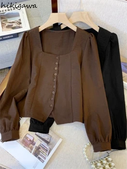 Блузка-туника с квадратным воротником для женщин 2023 Blusas Mujer De Moda, укороченные топы, Однобортная однотонная винтажная рубашка с пышными рукавами