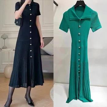 Весна 2024, Новое женское темпераментное зеленое платье с отложным воротником и коротким рукавом, женский однобортный Тонкий халат средней длины