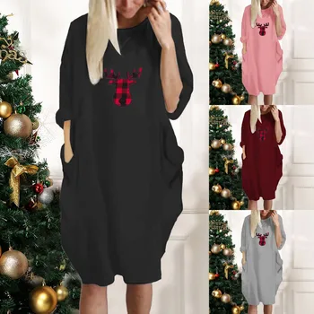 Вечерние платья Женская праздничная туника с рождественским принтом, длинным рукавом и свободными карманами, Мягкое эластичное платье с карманами