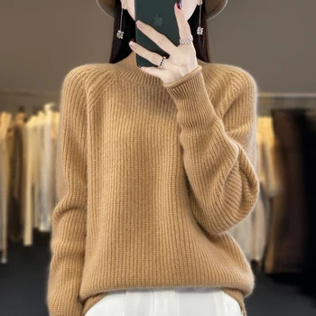 Вязаный свитер из 100% шерсти, женский свитер и пуловер, джемпер с высоким воротом и длинным рукавом, зимний толстый теплый топ, кашемировый свитер