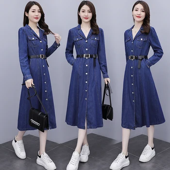Джинсовое женское осенне-зимнее новое приталенное однобортное платье средней длины с длинным рукавом из денима в корейском стиле