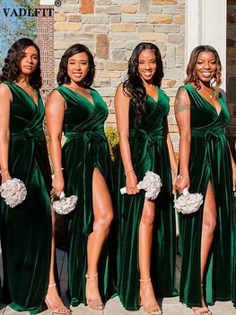 Длинные Темно-зеленые бархатные платья Для Подружек невесты 2022 года с V-образным вырезом Vestido De invitada a Boda