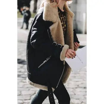Женская куртка, осень-зима, Новый мотоциклетный стиль, теплое и толстое модное повседневное пальто из овечьей шерсти большого размера