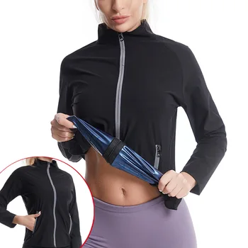 Женская спортивная куртка для сауны, куртка для тренировки талии, рубашка для горячего пота, костюм для сауны для похудения, топ для коррекции фигуры с боковым карманом