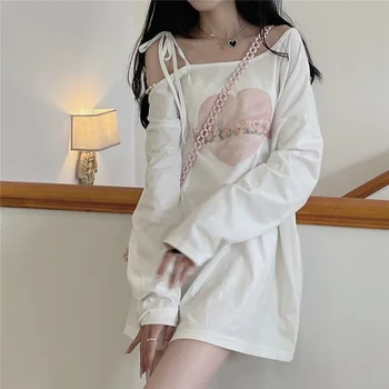Женская футболка Kawaii, японские милые футболки с открытыми плечами, на шнуровке, с длинным рукавом, с графическим рисунком, милые корейские модные топы для девочек.