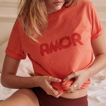 Женская футболка с буквенным принтом ZESSAM Amour, Летний Свободный женский пуловер с круглым вырезом и коротким рукавом, классический повседневный винтажный женский топ