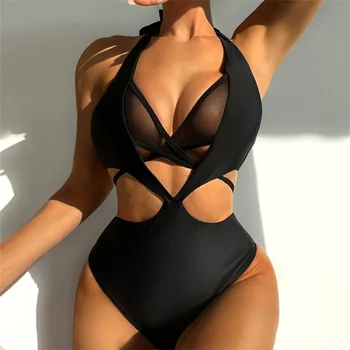 Женский сексуальный открытый черный купальник, прозрачный V-образный вырез, треугольный купальник, женская пляжная одежда для купания, Монокини