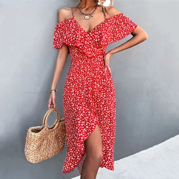 Женское Весенне-летнее сексуальное платье на бретелях, женские повседневные платья с открытыми плечами, Элегантные пляжные платья с цветочным принтом 2023