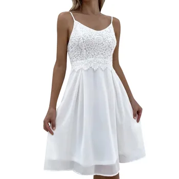 Женское кружевное белое платье в стиле бохо, пляжный сарафан, летнее сексуальное шифоновое платье на бретельках без рукавов, элегантное вечернее платье