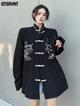 КОСАХИКИ, винтажная блузка на пуговицах в китайском стиле, женская черная рубашка с вышивкой дракона, Y2k, эстетические блузы в стиле харадзюку, уличная одежда