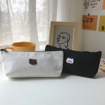 Красивая канцелярская сумка для ручек, чехол для карандашей, школьные принадлежности, вышитый холст с изображением медведя Каваи, кота, Милая сумка для карандашей, Корейский чехол для хранения