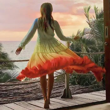 Летнее Шикарное Богемное пляжное женское платье с градиентным радужным принтом, элегантные макси-платья с оборками и длинным рукавом, женское праздничное платье