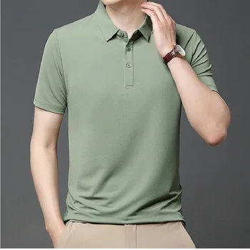 Летняя новая рубашка поло Мужская 2023, короткий рукав, однотонный лацкан, Тонкий стиль, Повседневная футболка из ледяного шелка, Брендовые топы, футболки, одежда