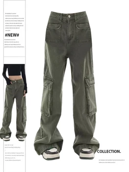 Мешковатые джинсы-карго, женские армейские зеленые Harajuku Y2k, эстетичные джинсовые брюки с высокой талией 90-х, джинсовые брюки оверсайз 2000-х, винтажная одежда