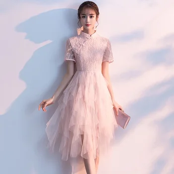 Модифицированное кружевное платье средней длины с полой вышивкой в китайском стиле, элегантное розовое вечернее платье феи в стиле пэчворк, Женское платье