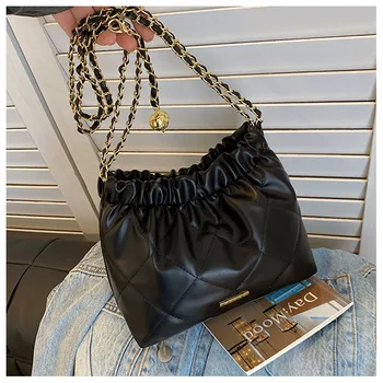 Модная сумка на цепочке с ромбовидным рисунком большой емкости и повседневная плиссированная сумка через плечо на шнурке в западном стиле