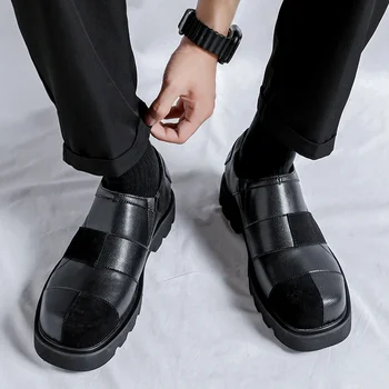 Мужские модельные туфли, Кожаные туфли на толстой подошве, Деловые Мужские Черные туфли на шнуровке, Оксфордские Туфли на платформе, Мокасины, Повседневная Обувь, Размер 38-44