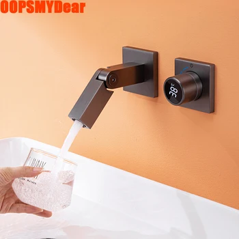 Настенный светодиодный цифровой кран для ванной комнаты, раковина, смеситель для горячей и холодной воды, роскошный кран, скрытое крепление, 360-вращающиеся медные современные краны