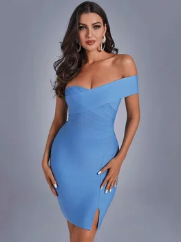 Небесно-голубые бандажные платья с открытыми плечами для женщин, лето 2023, сексуальное облегающее вечернее платье с разрезом и открытой спиной, новые наряды BA196