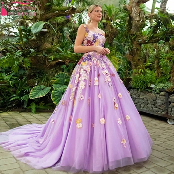 Объемное свадебное платье с цветами Светло-фиолетового цвета Трапециевидной формы Princess Bridal Dresses ZW1065
