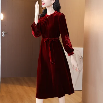 Осеннее модное универсальное шелковое бархатное платье для женщин 2023, новое винтажное повседневное праздничное платье свободного покроя с длинным рукавом, Vestidos