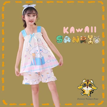 Пижама Sanrio на подтяжках Melody Kuromi Cinnamoroll Kawaii Для девочек с героями мультфильмов Летняя пижама без рукавов Детская Милая Одежда