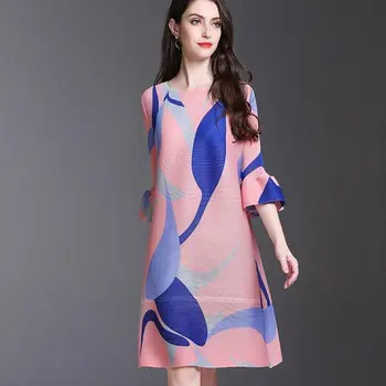 Платье с расклешенными рукавами и принтом в складки Miyake, новый модный стиль для женщин на лето, свободная юбка средней длины для полных девушек