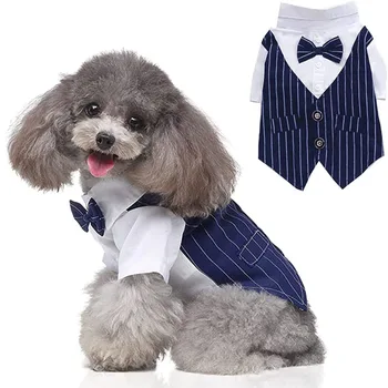 Полосатая рубашка со смокингом для собак, официальный костюм для щенков, костюм с галстуком-бабочкой, стильный свадебный костюм для домашних животных, рубашка с галстуком-бабочкой для собак, одежда для джентльменов