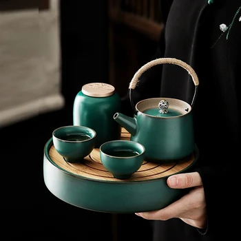 Простой керамический чайный сервиз кунг-фу в китайском стиле, 1 чайник, 2 чашки, поднос для заваривания чая, набор из 5 предметов, чайный сервиз на 2 персоны, инструменты для домашнего приготовления чая
