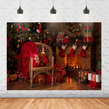 Рождественская елка камин фон для фотосъемки Рождественские чулки украшения вечеринки огни подарки носки фото фон студия