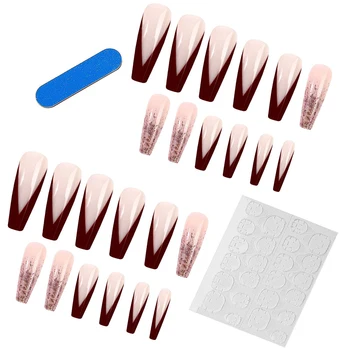 Розовые Искусственные ногти во Французском стиле, Накладные ногти среднего размера С Блестящей Пудрой для Ежедневного ношения
