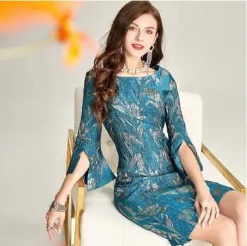 Сине-зеленое платье Матери Невесты с рукавами 3/4 Длиной до колен из золотистого жаккарда, модное Женское вечернее платье для гостей на свадьбе 2021 года