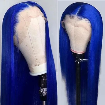 Синий цвет, 13х4 Прямые парики из человеческих волос на кружеве, Предварительно выщипанные из волос Младенца, Прозрачный Парик на лоб Для женщин, Бесклеевой Парик