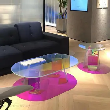 Скандинавский прозрачный акриловый стол Простой Мини-столик Красочный Лазерный круглый журнальный столик Прикроватная тумбочка для спальни Мебель для гостиной