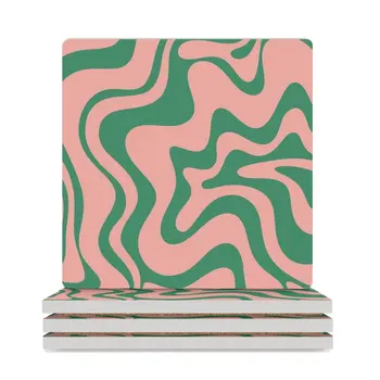 Современный абстрактный узор с жидкими завитками в розово-зеленых тонах, керамические подставки (квадратные), коврик для чайника, оригинальные подставки