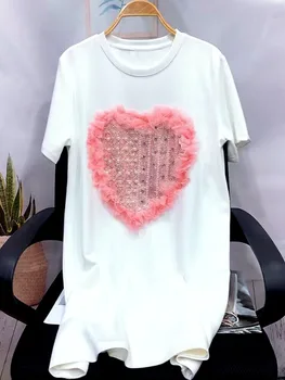 Футболка Летняя Одежда для женщин Корейская мода 3D Кружевные футболки с изображением сердца Женские Роскошные хлопковые топы большого размера с короткими рукавами