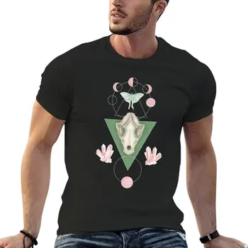 Футболка с изображением ведьмы-Луны, мотылька, панк, зеленая и розовая, с кристаллами в виде черепа енота, короткая футболка, футболки оверсайз, мужская одежда