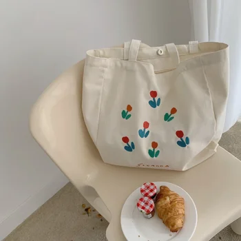 Холщовая сумка через плечо для женщин с принтом тюльпана, женская повседневная сумка-тоут, хлопковая многоразовая пляжная сумка для покупок большой емкости